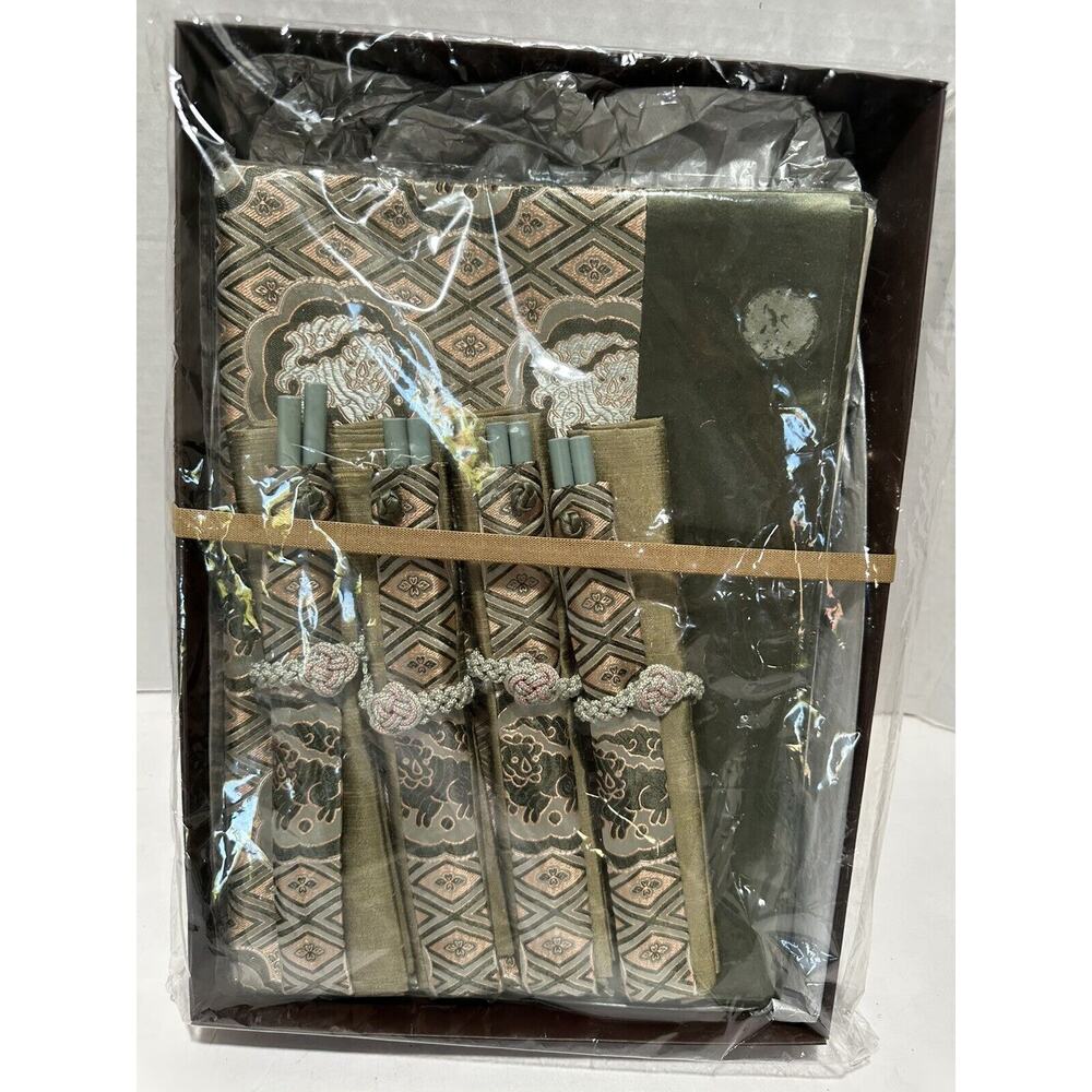 Chinese Arts & Craft Asian Set of 4 Silk Table Placemats + Blue Chopsticks Brown